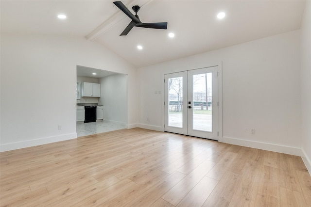 unfurnished living room with ceiling fan, vaulted ceiling with beams, light hardwood / wood-style floors, and french doors