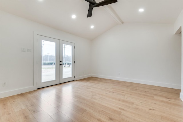 empty room featuring vaulted ceiling with beams, light hardwood / wood-style floors, french doors, and ceiling fan