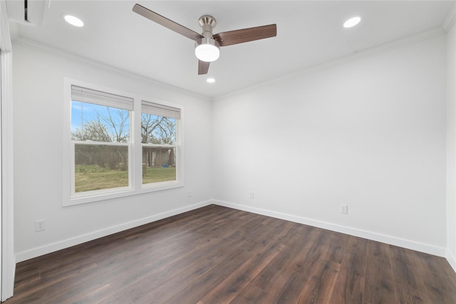 unfurnished room featuring crown molding, ceiling fan, and dark hardwood / wood-style flooring