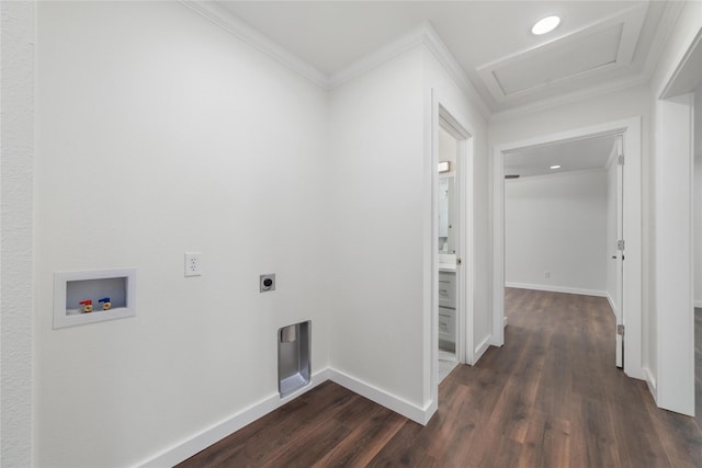 washroom with washer hookup, dark wood finished floors, baseboards, hookup for an electric dryer, and attic access