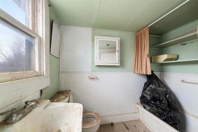 half bathroom with toilet, wood finished floors, and a sink