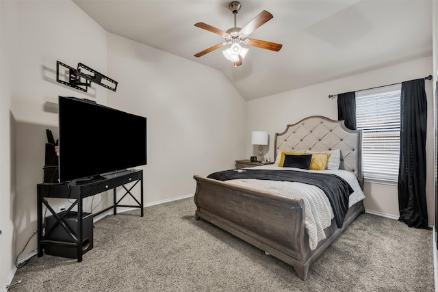 carpeted bedroom featuring vaulted ceiling and ceiling fan