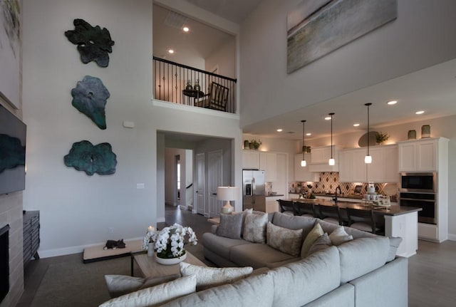 living room featuring dark hardwood / wood-style flooring and a high ceiling