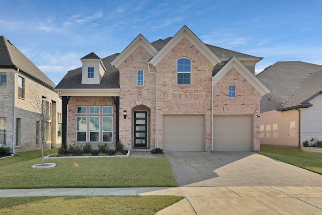 view of front of home with a garage and a front lawn