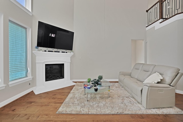 living room featuring wood-type flooring and a towering ceiling