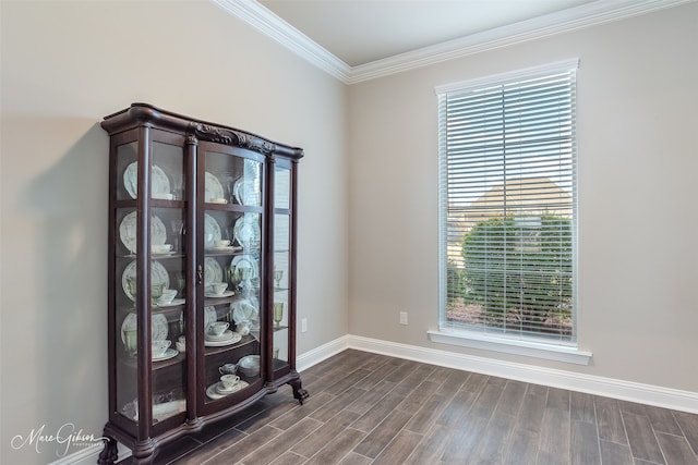 unfurnished room with dark hardwood / wood-style flooring and crown molding