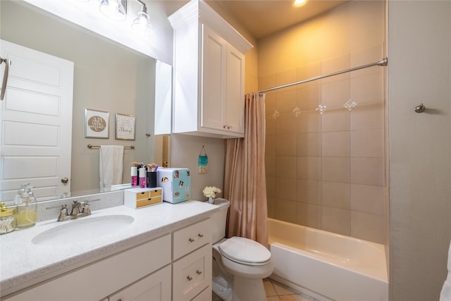 full bathroom featuring vanity, shower / tub combo, tile patterned floors, and toilet