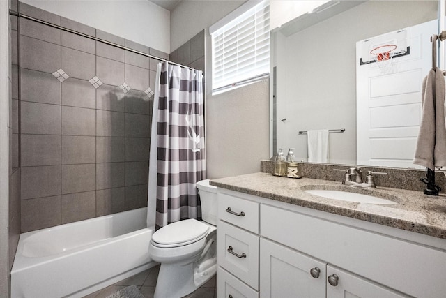 full bathroom with shower / bath combination with curtain, tile patterned flooring, vanity, and toilet