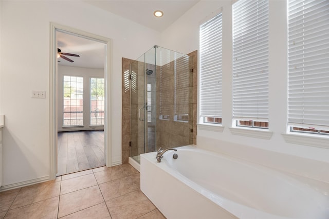 9328 Old Veranda Rd, Plano, TX 75024 - bathroom with a bath, a shower stall, ceiling fan, tile patterned floors, and recessed lighting