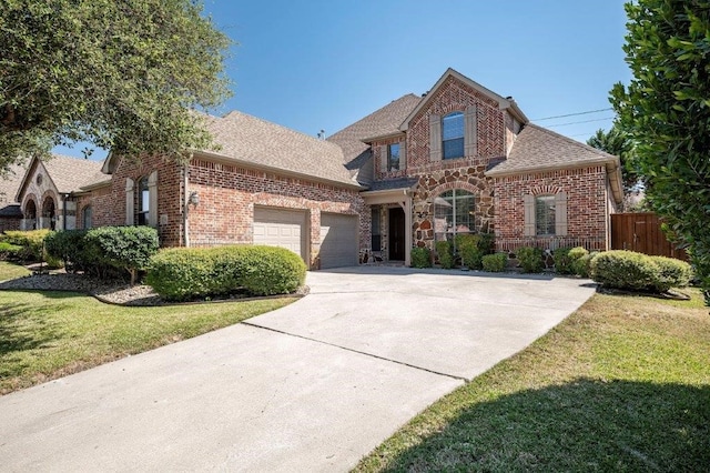 view of property featuring a garage and a front lawn