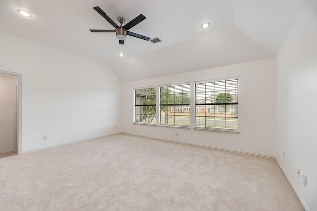 9328 Old Veranda Rd, Plano, TX 75024 - unfurnished room with lofted ceiling, light carpet, a ceiling fan, recessed lighting, and baseboards