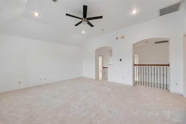 9328 Old Veranda Rd, Plano, TX 75024 - carpeted spare room with a ceiling fan, arched walkways, lofted ceiling, recessed lighting, and baseboards