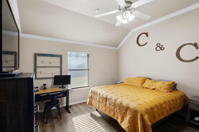 bedroom featuring ceiling fan, ornamental molding, lofted ceiling, and wood-type flooring