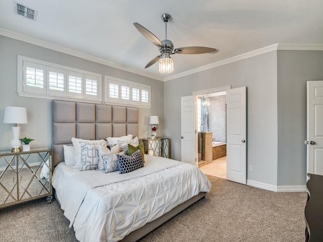 carpeted bedroom with ceiling fan, ensuite bath, and ornamental molding