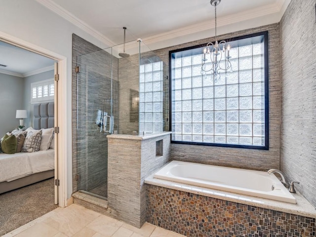 bathroom featuring crown molding, separate shower and tub, and an inviting chandelier