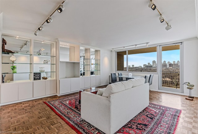 living room with parquet floors and track lighting