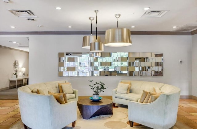 living room featuring ornamental molding