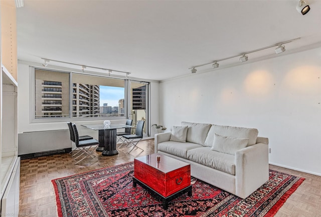 living room with rail lighting and parquet flooring