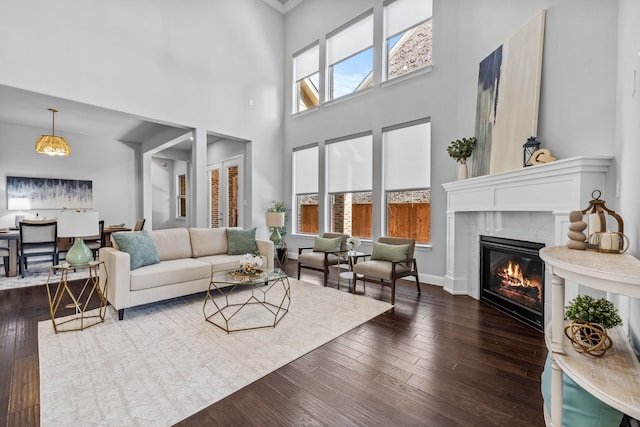 living room with hardwood / wood-style flooring and a high ceiling