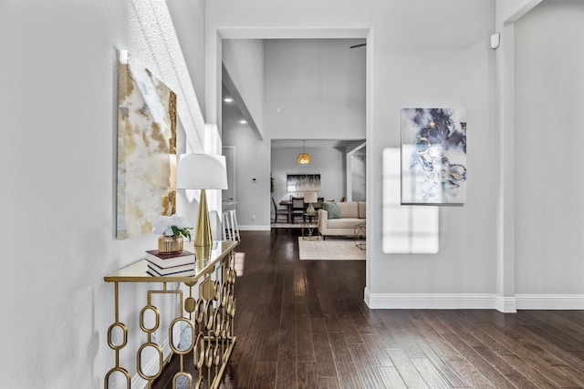 foyer entrance featuring wood-type flooring and a high ceiling