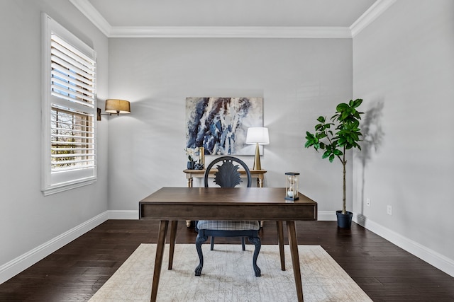 office featuring ornamental molding and dark hardwood / wood-style flooring