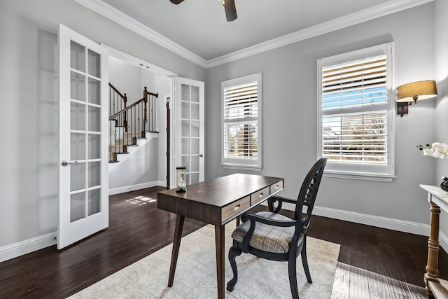 office area with ornamental molding, ceiling fan, dark hardwood / wood-style flooring, and french doors