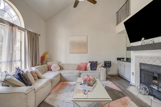 living area with light wood-type flooring, a fireplace with flush hearth, and high vaulted ceiling