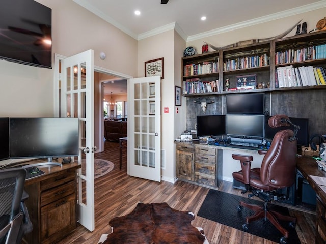 office with ornamental molding, french doors, and dark hardwood / wood-style flooring