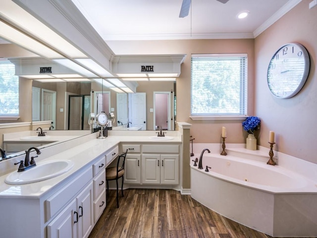 bathroom with hardwood / wood-style flooring, crown molding, a healthy amount of sunlight, and vanity