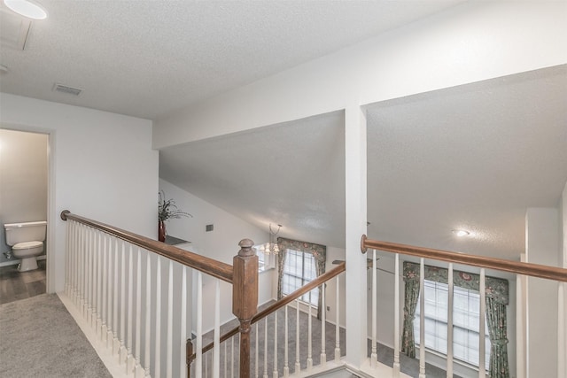 staircase featuring carpet floors and a textured ceiling