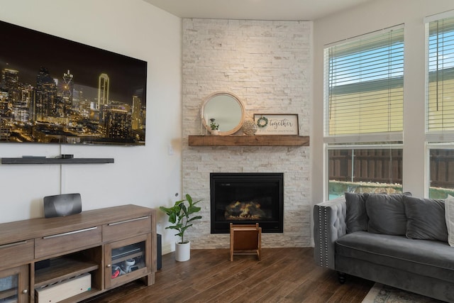 sitting room featuring a stone fireplace and dark hardwood / wood-style flooring