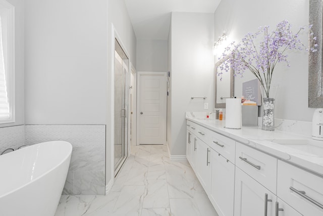 bathroom with vanity and separate shower and tub