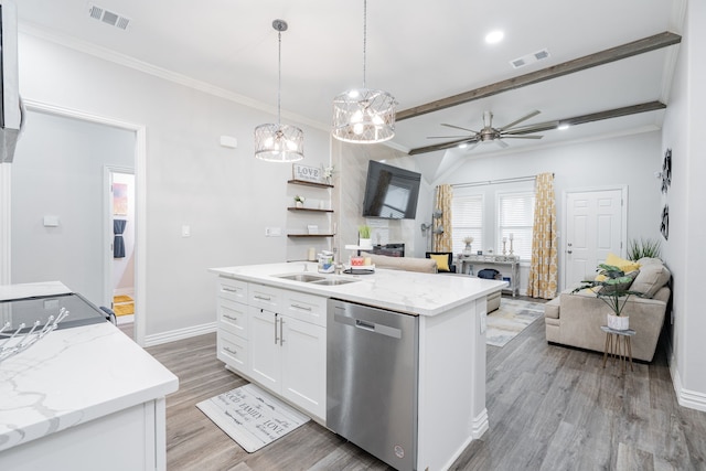 kitchen with sink, white cabinetry, decorative light fixtures, a center island with sink, and dishwasher