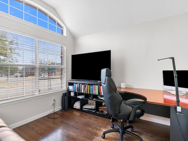 office area featuring lofted ceiling and dark wood-type flooring