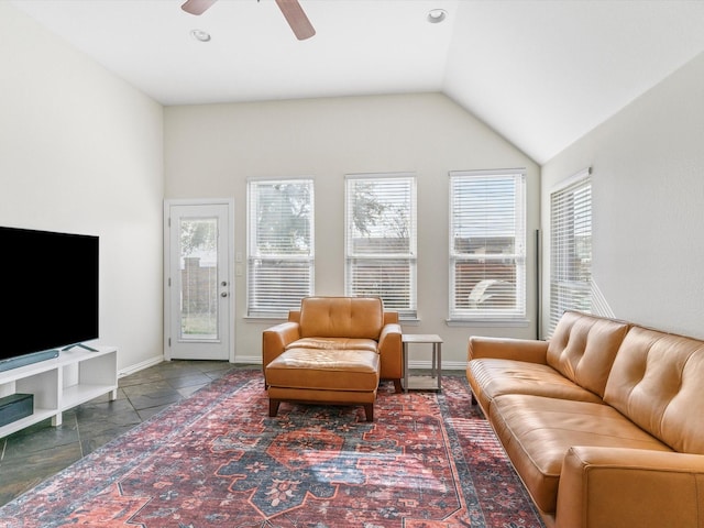 living room with lofted ceiling and ceiling fan