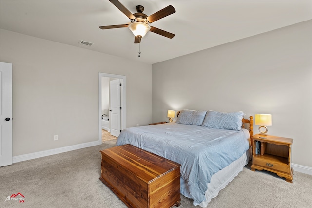 bedroom featuring ceiling fan and light colored carpet