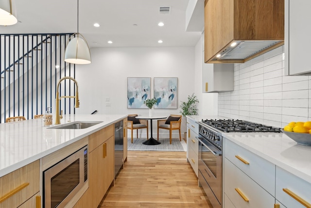 4330 Dickason Ave Unit 201, Dallas, TX 75219 - kitchen featuring appliances with stainless steel finishes, a sink, light wood-style floors, custom range hood, and recessed lighting