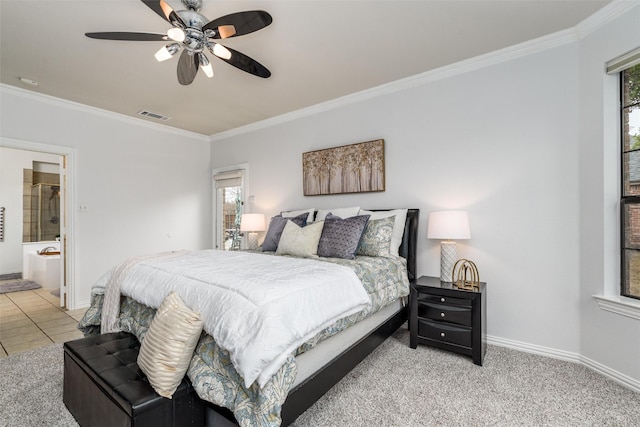 bedroom featuring ceiling fan, ornamental molding, multiple windows, and light tile patterned floors