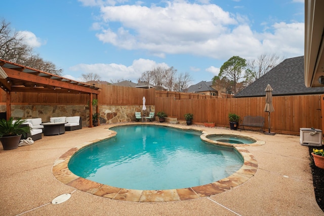 view of swimming pool with an outdoor hangout area, a pergola, a patio area, and an in ground hot tub