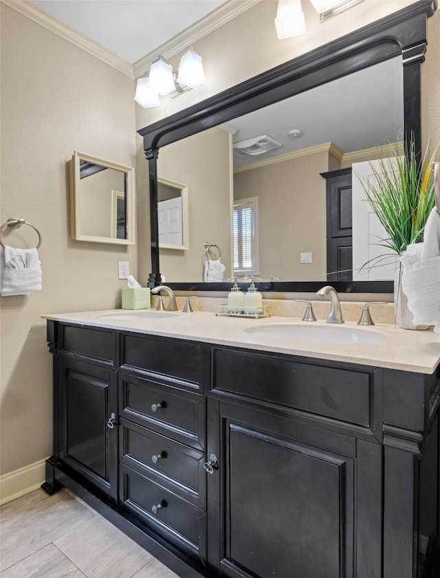 bathroom with vanity and crown molding