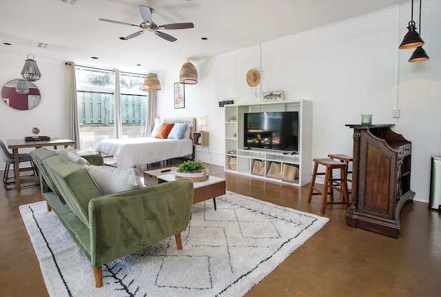 living room with ceiling fan