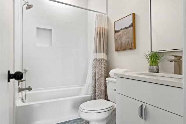 full bathroom with toilet, vanity, and shower / bathtub combination with curtain