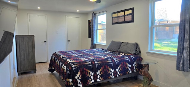 bedroom featuring multiple windows and light wood-type flooring