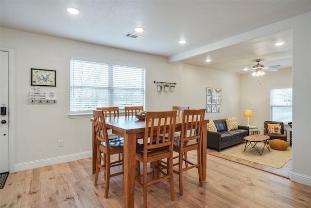 dining space featuring light wood-style flooring, recessed lighting, visible vents, and baseboards