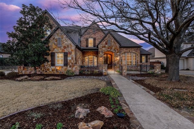 view of front of home with stone siding and a fenced front yard