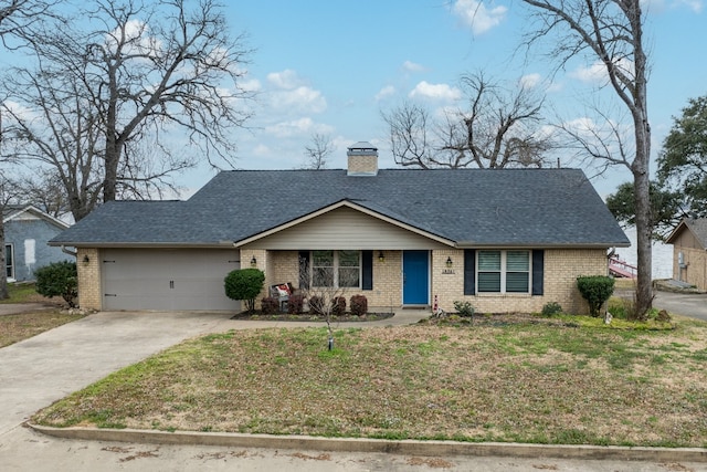 ranch-style home with a garage, a porch, and a front lawn