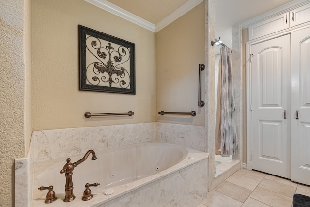 bathroom featuring tile patterned flooring, crown molding, and plus walk in shower