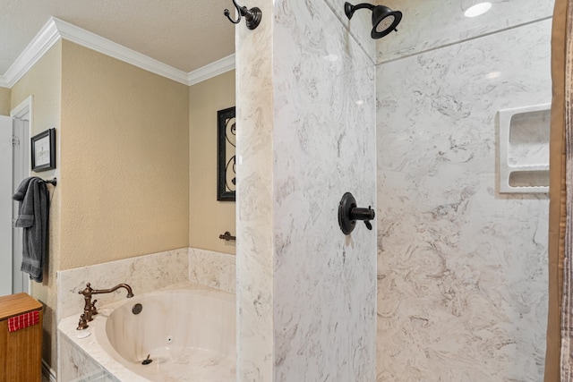 bathroom with ornamental molding, plus walk in shower, and a textured ceiling