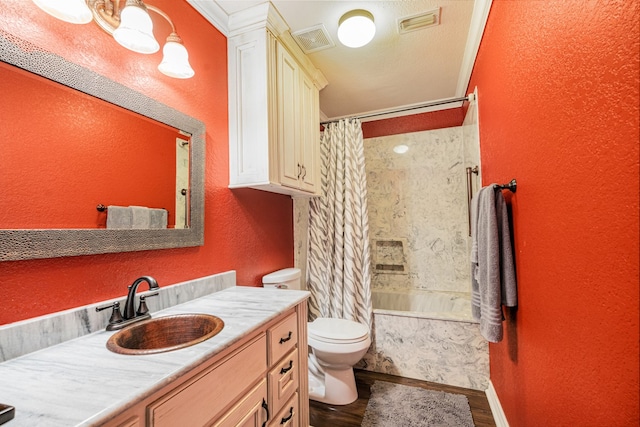 full bathroom with toilet, vanity, shower / bathtub combination with curtain, and wood-type flooring