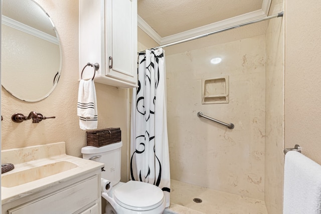 bathroom with crown molding, toilet, vanity, and a shower with curtain